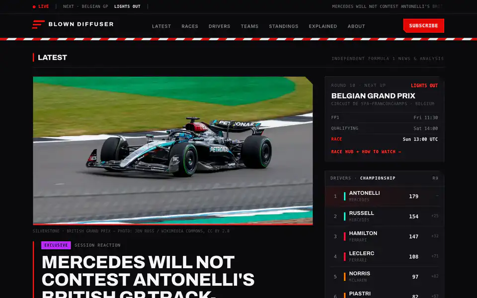 Scrolling the Blown Diffuser homepage: lead story, race countdown and standings