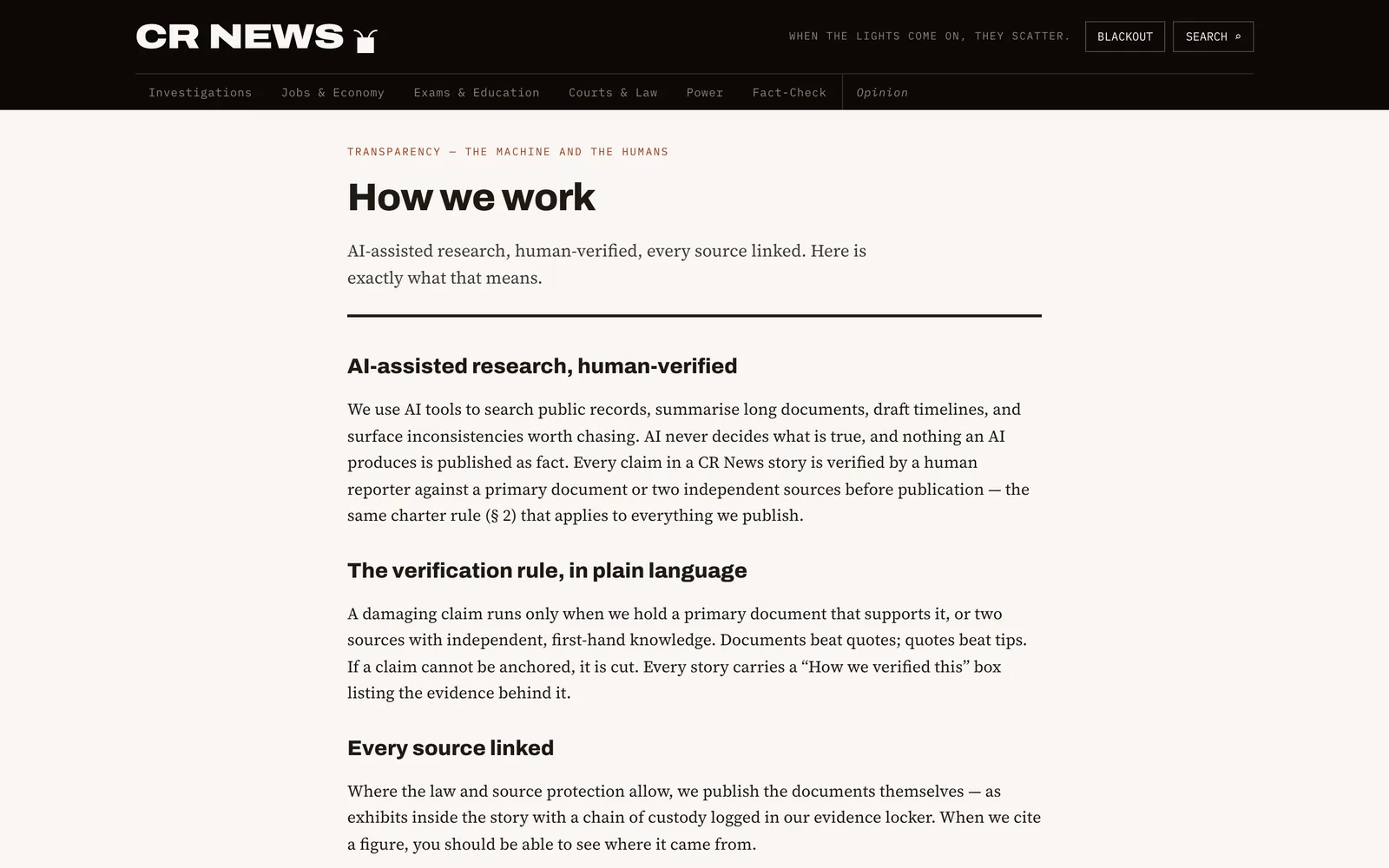CR News How we work page explaining AI-assisted, human-verified research