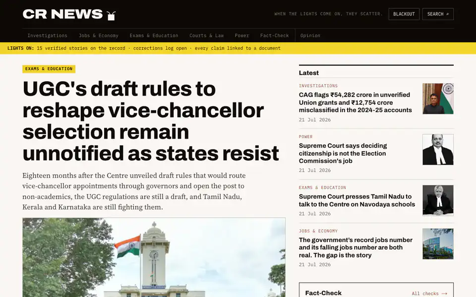Scrolling the CR News front page: lead story, latest column and section fronts