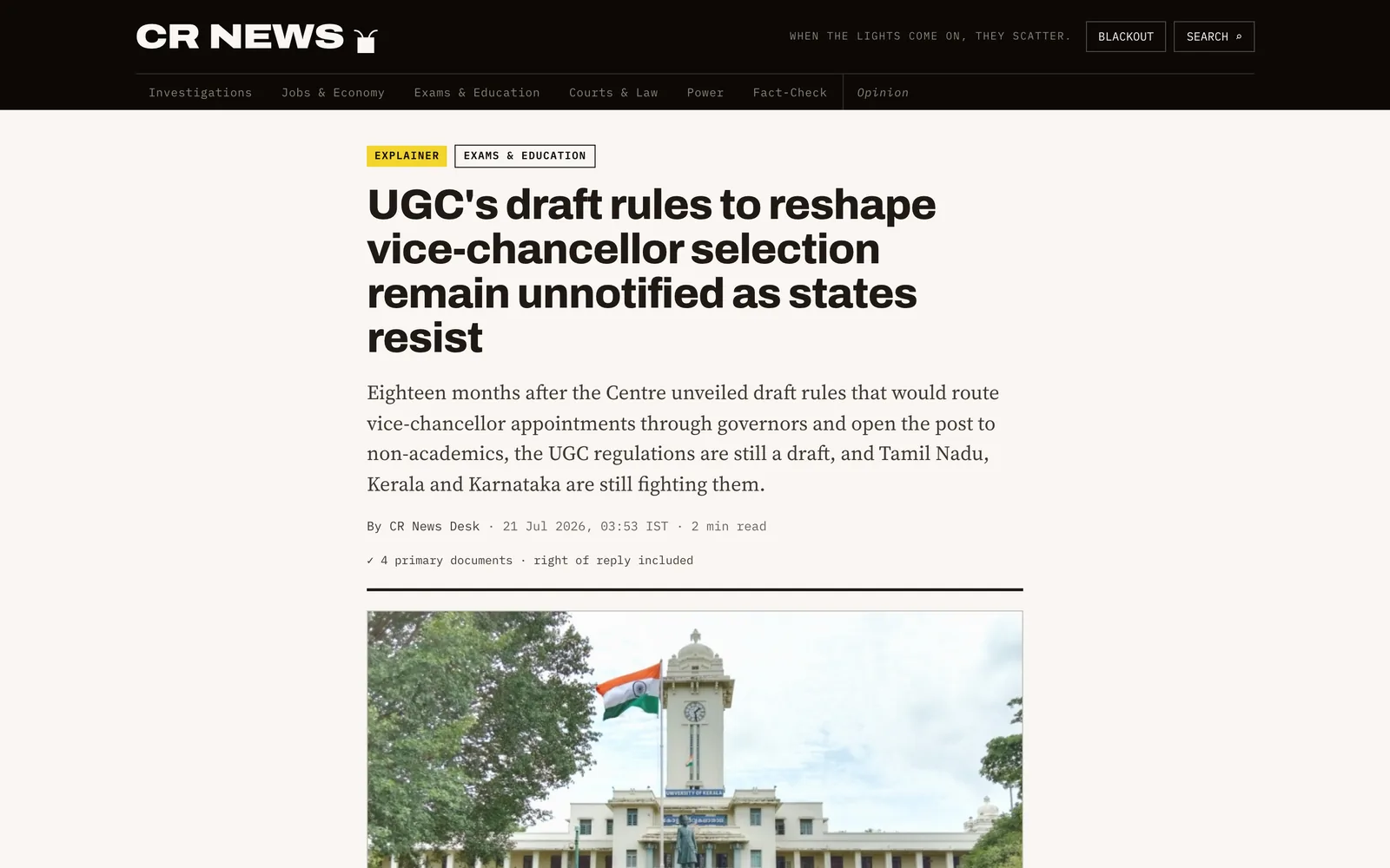 A CR News story page with document count and right of reply noted