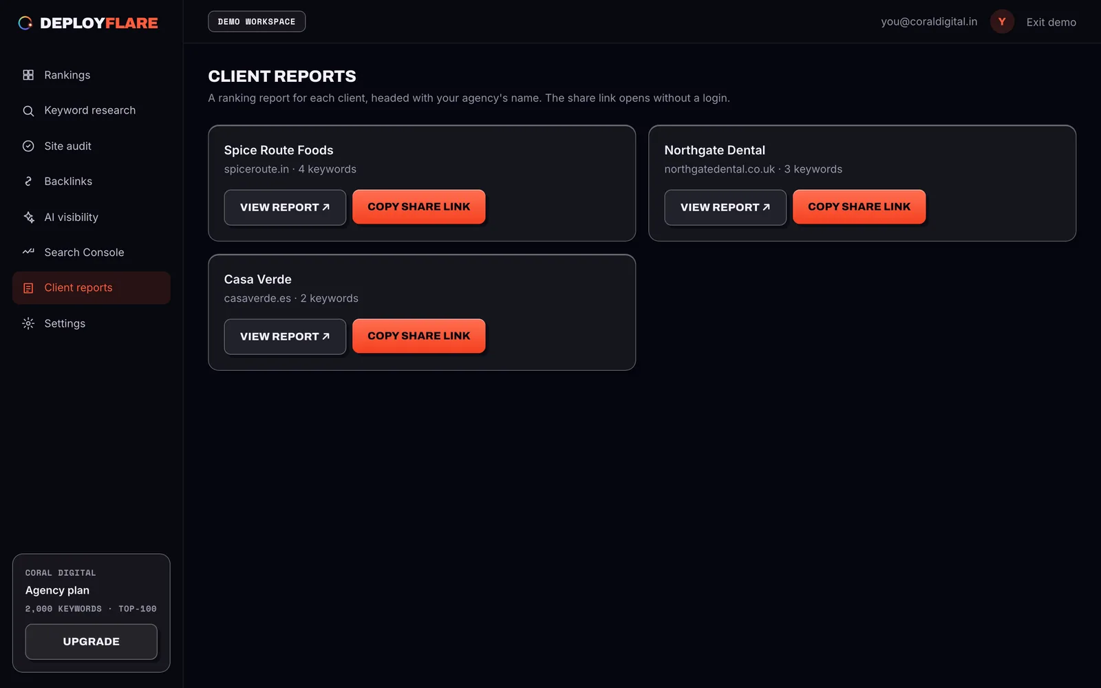 DeployFlare client reports list with share links