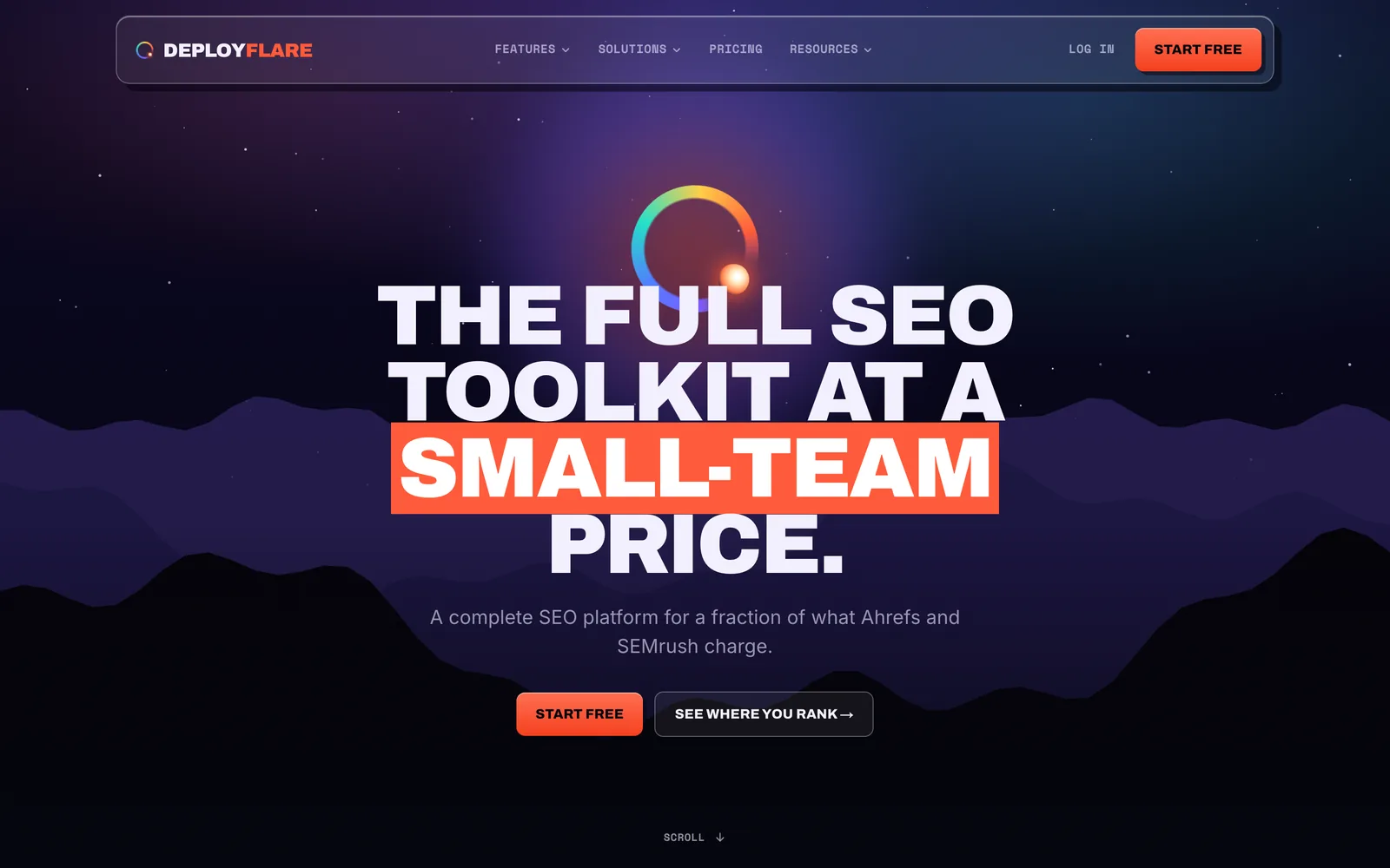 DeployFlare homepage: The full SEO toolkit at a small-team price