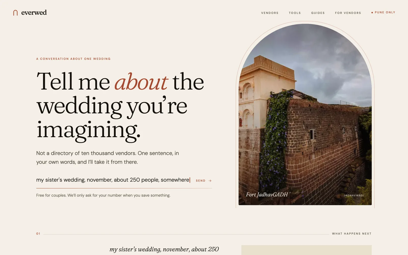 Everwed homepage with a serif headline and an arched venue photograph
