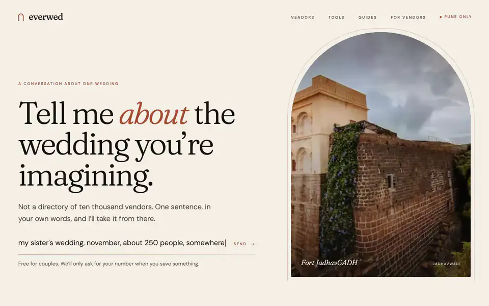 Everwed homepage: the composer types a wedding description in one sentence