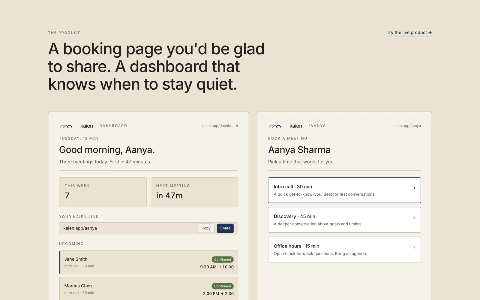 Kaien dashboard and public booking page side by side