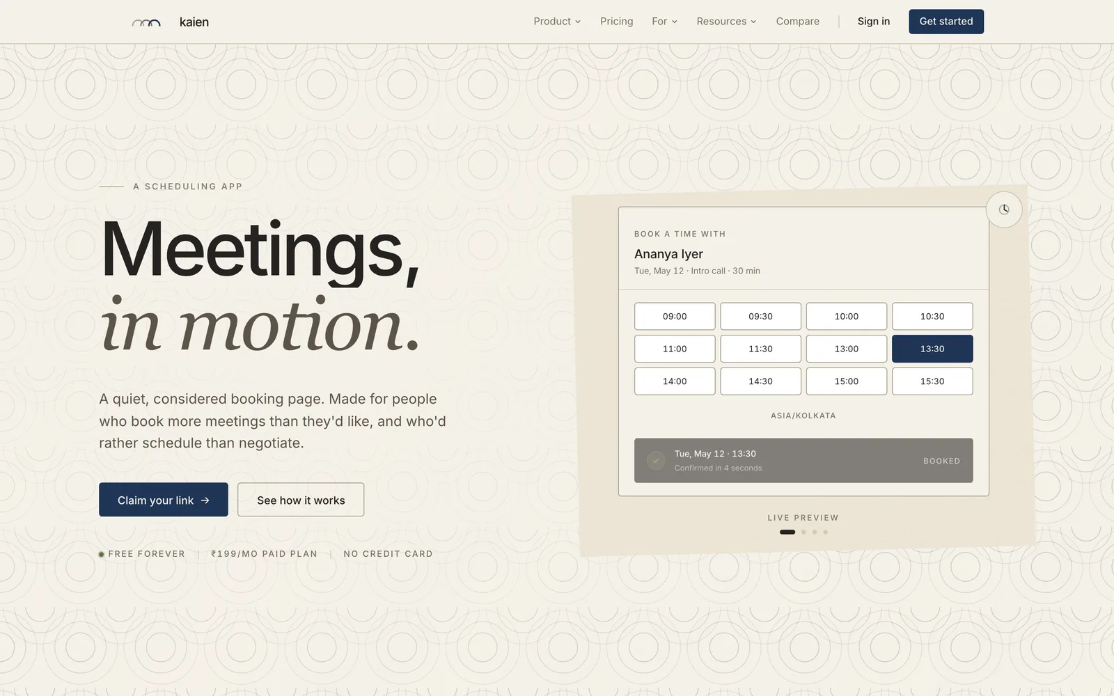 Kaien homepage: Meetings, in motion, beside a booking page preview