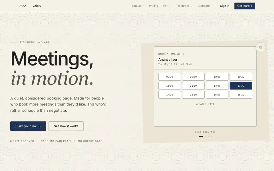 Kaien's homepage demo cycling through booking a time slot