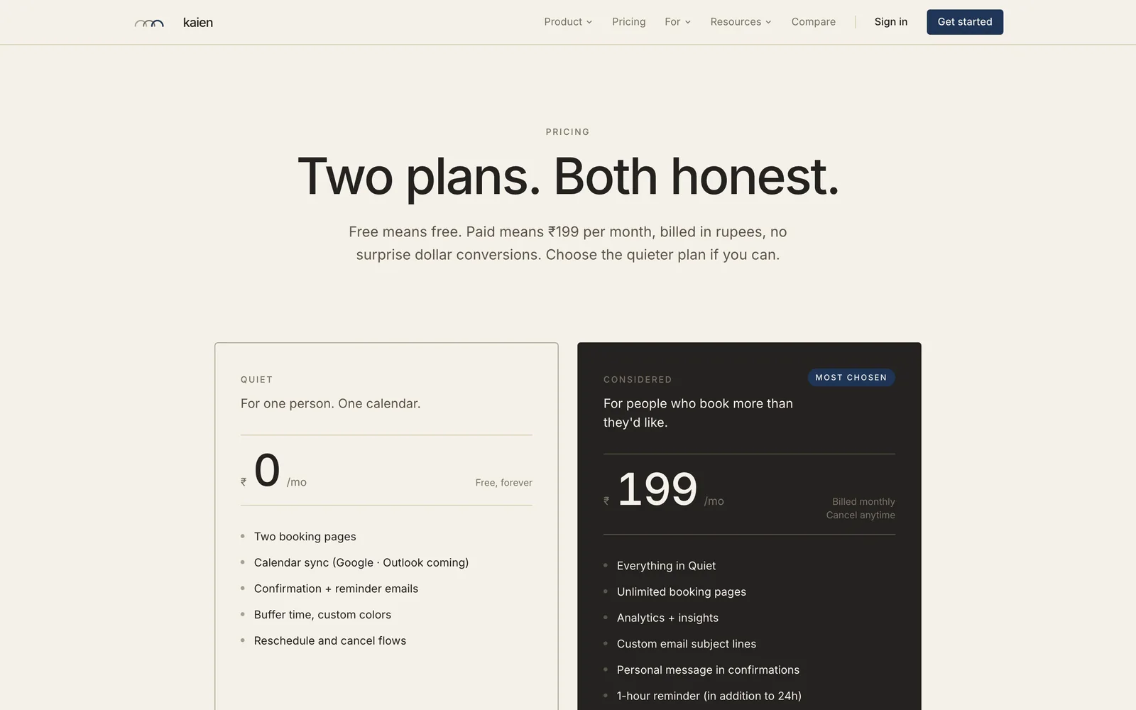 Kaien pricing: Quiet at 0 and Considered at 199 rupees a month